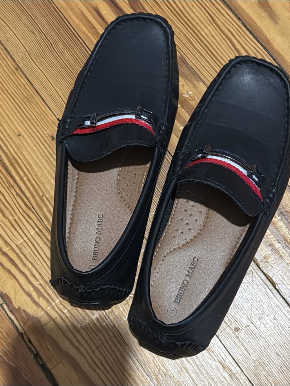 Bruno Marc Kids' Black Dress Loafers with Red & White Accent